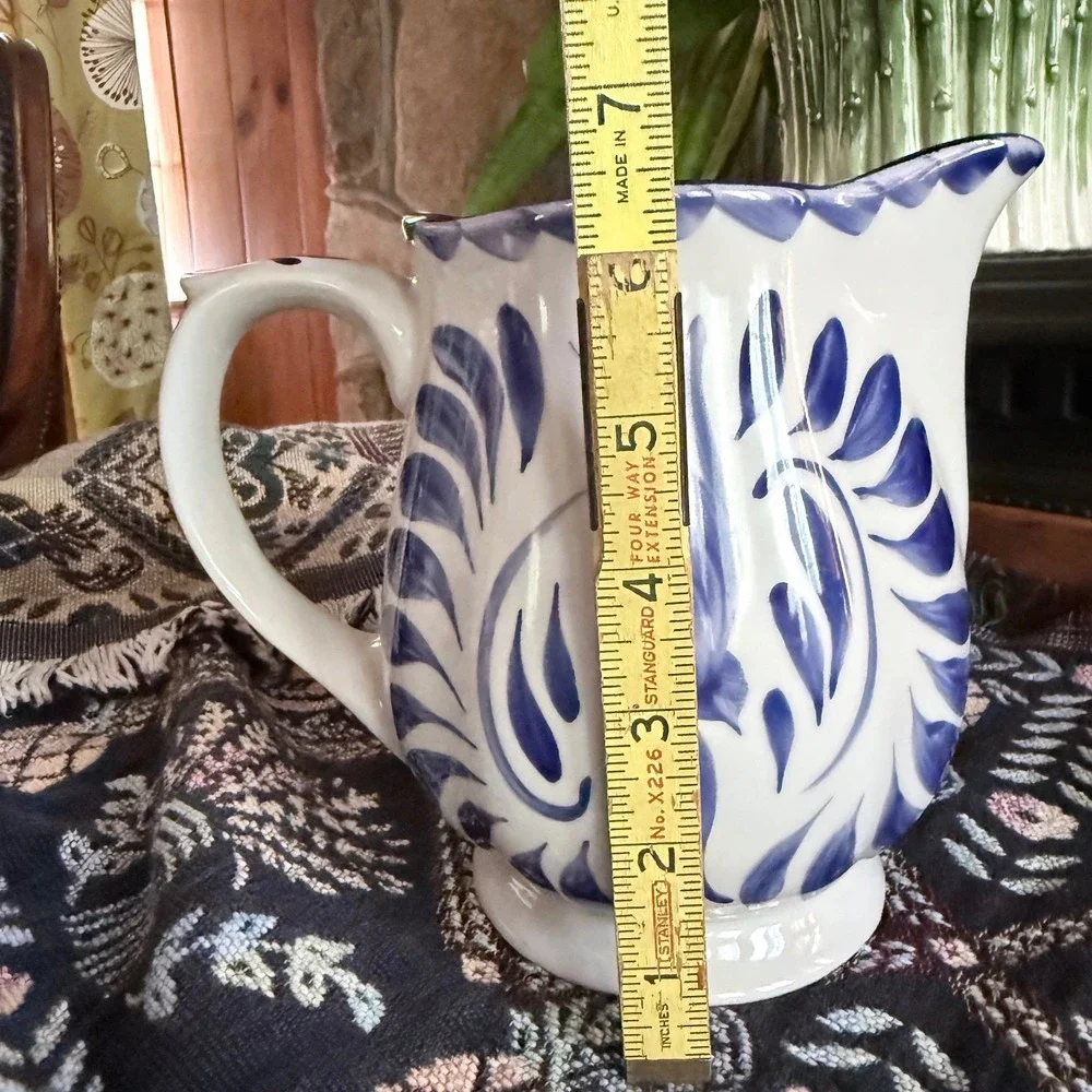 Pottery Barn Puebla Pitcher Hand Painted Blue White Floral Porcelain 6.75
